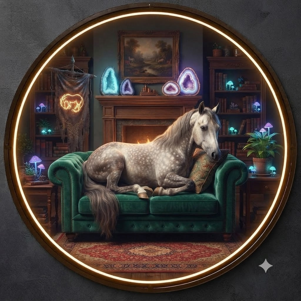 Whimsical Dapple Gray Horse Lying on Green Sofa Circular LED Wall Art led 233