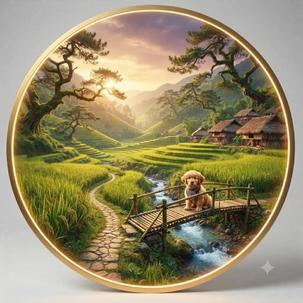 Luminous Round Wall Art - Countryside Terraced Fields & Dog Scene with Warm LED Backlight led 257