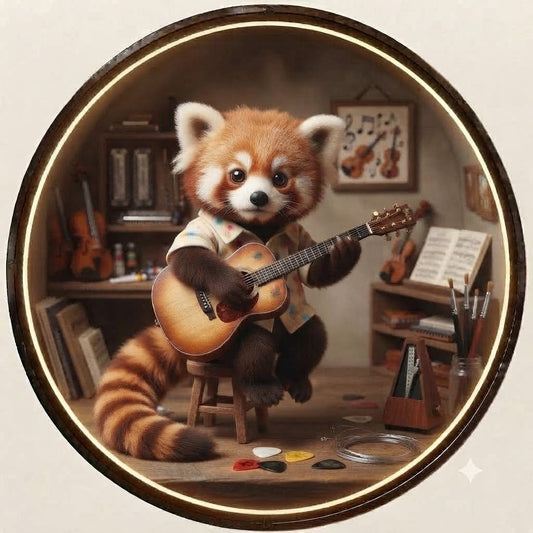 Charming Red Panda Musician Round Wall Art with LED Backlight led 245