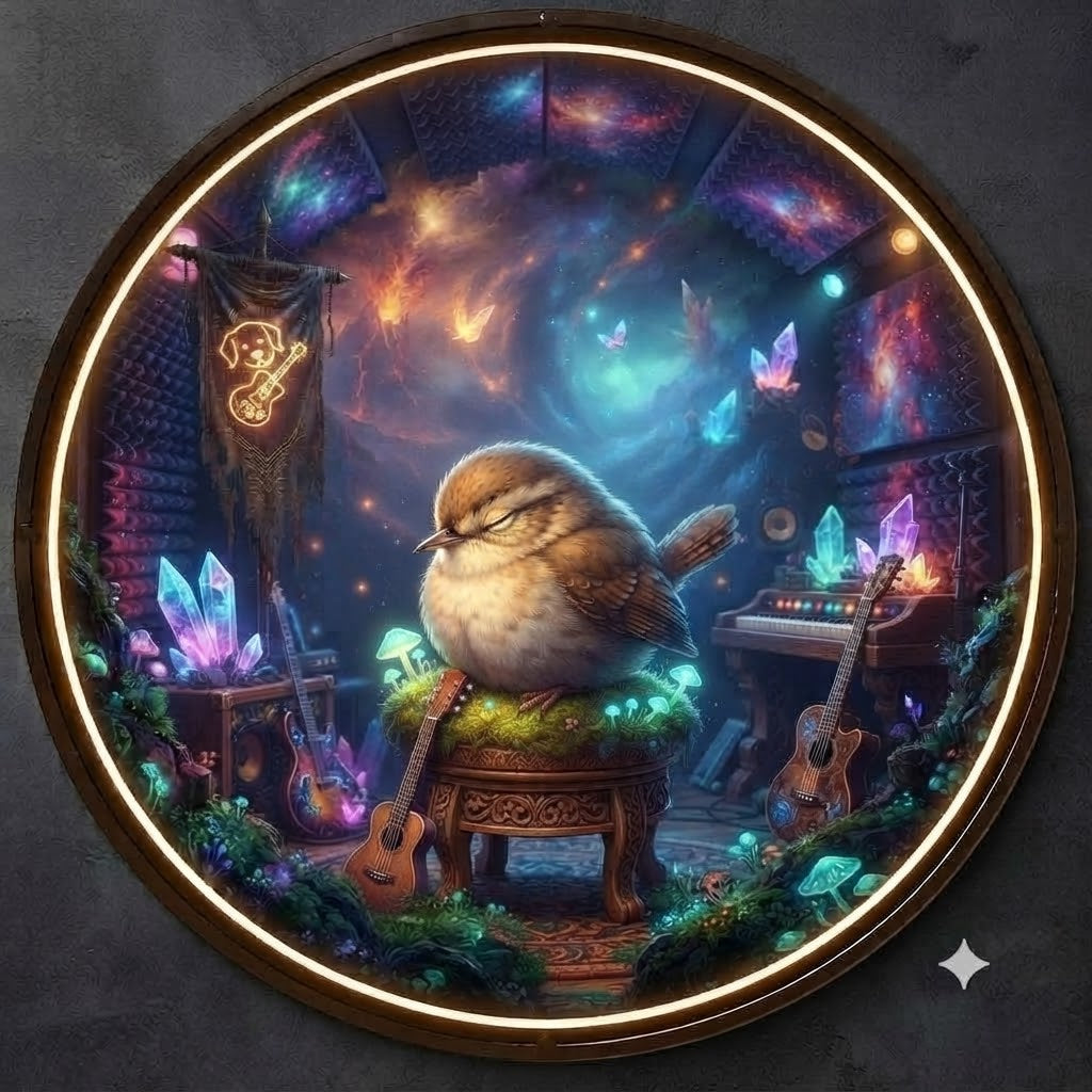 Cosmic Sleepy Sparrow Music Studio Round LED Backlit Wall Art led 239