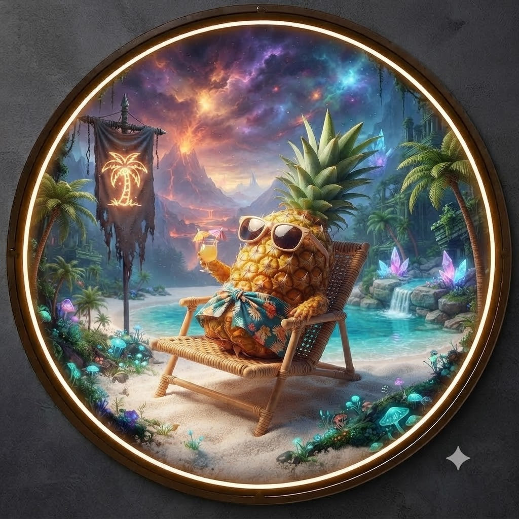 Chill Pineapple Vacation Beach Sunset Circular LED Wall Art led 231