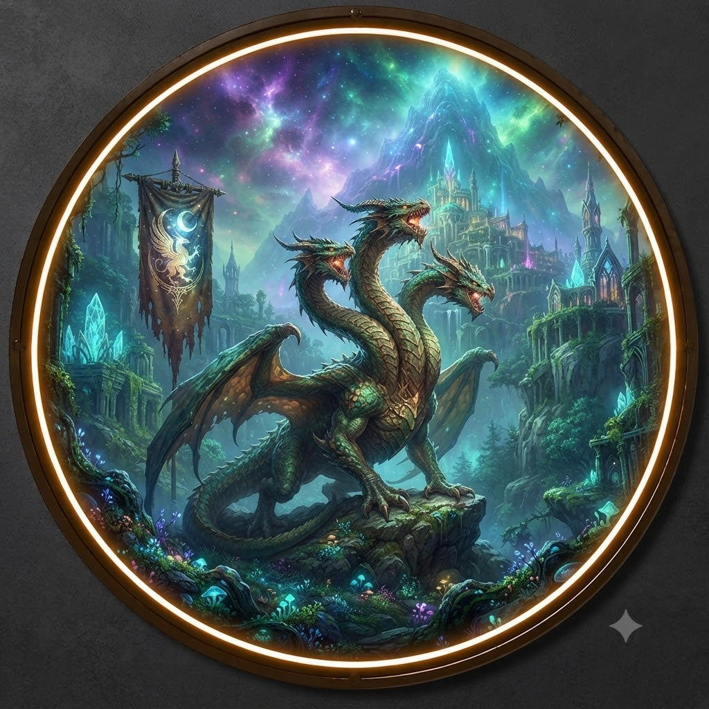 Mystical Three-Headed Dragon Circular LED Wall Art led 226