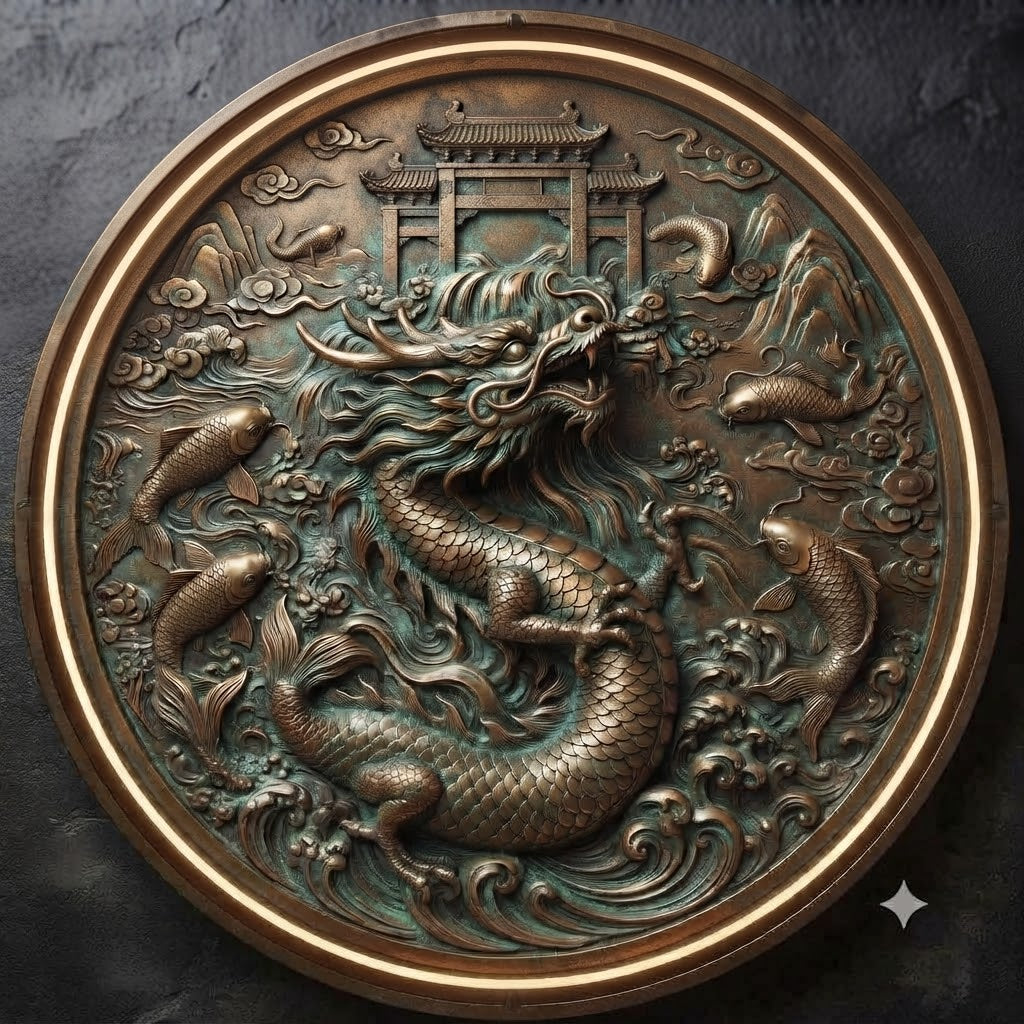 Mythical Dragon and Koi Fish Relief Round Wall Art with LED Backlight led 250