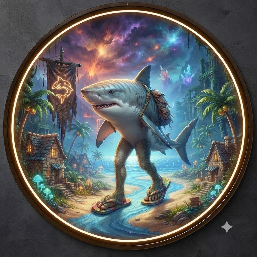 Whimsical Walking Shark in Sandals Circular LED Wall Art led 229