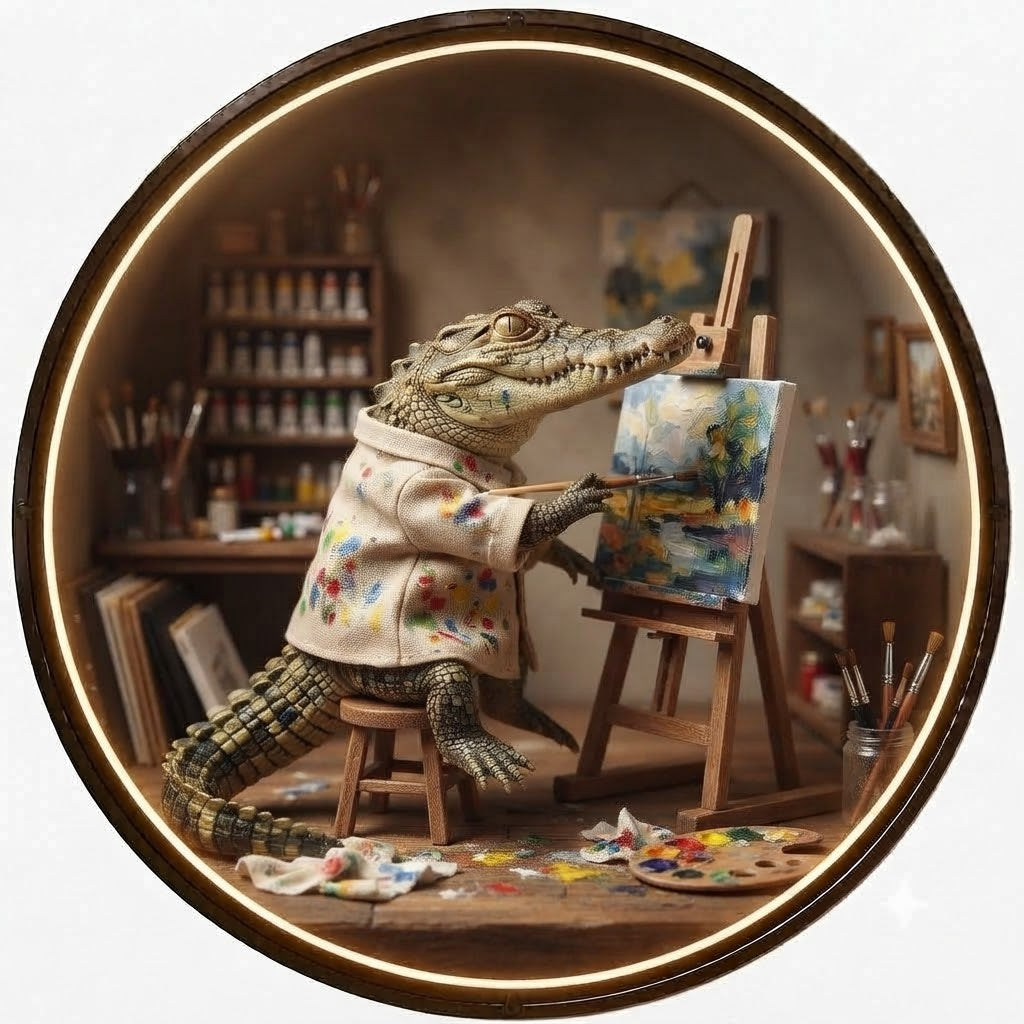 Creative Crocodile Artist Round LED Backlit Wall Art – Modern Ambient Home & Living Room Decor led 241