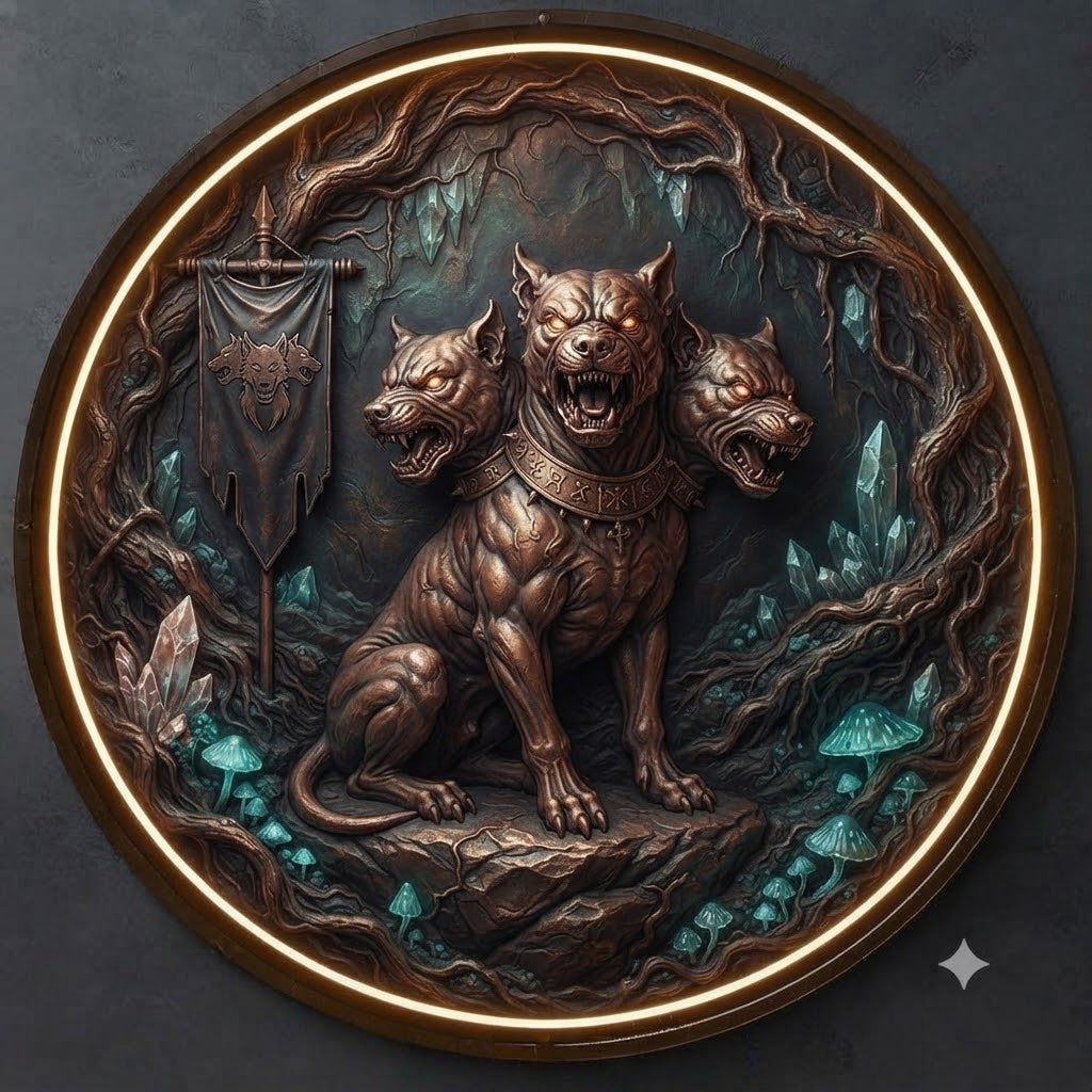 Mythical Three-Headed Cerberus Relief Round Wall Art with LED Backlight led 249