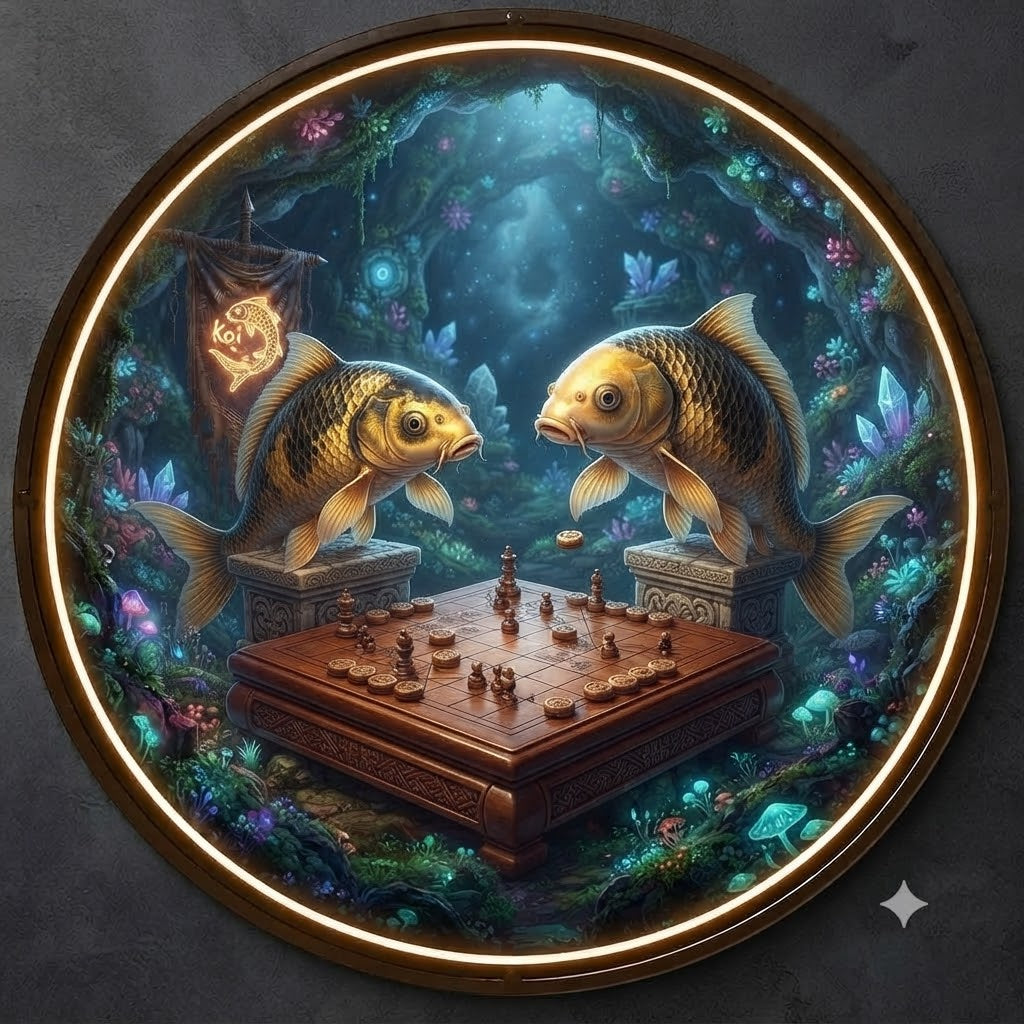 Mystical Koi Fish Playing Chess Magical Underwater Circular LED Wall Art led 235
