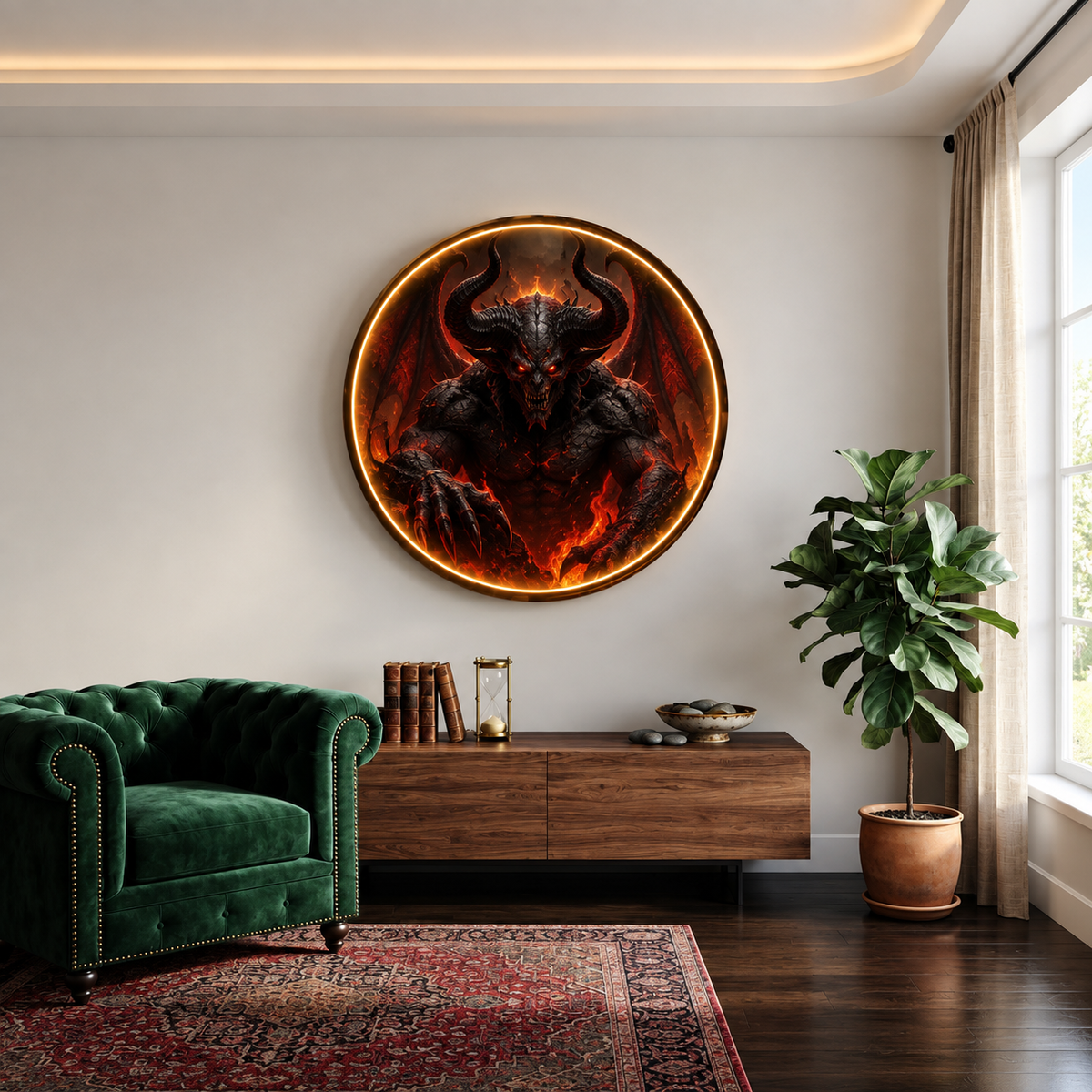 Modern Round LED Wall Art - Fiery Demon Lord Design with Warm Ambient Glow led 253