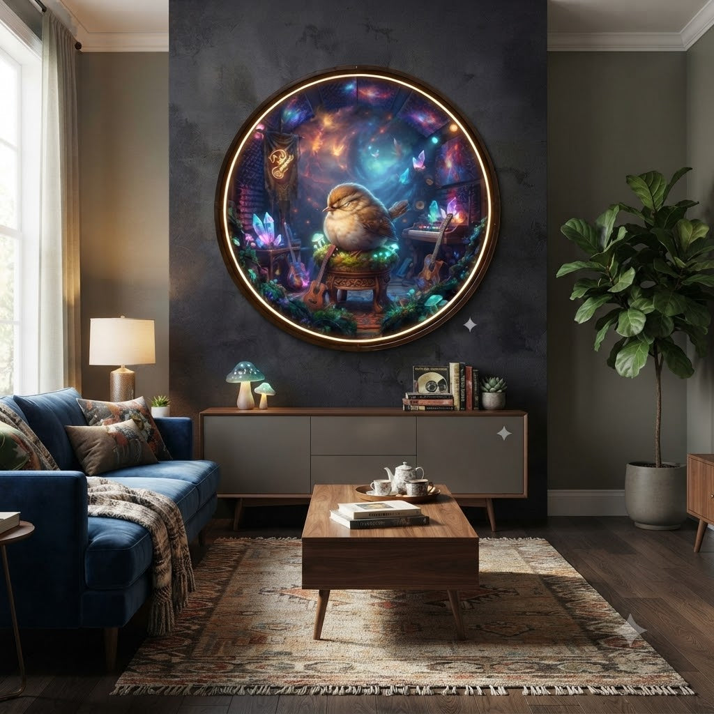Cosmic Sleepy Sparrow Music Studio Round LED Backlit Wall Art led 239