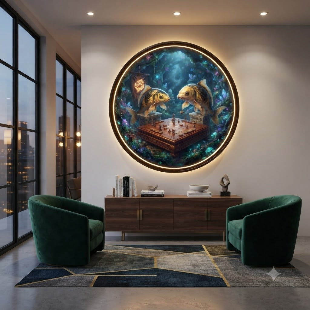 Mystical Koi Fish Playing Chess Magical Underwater Circular LED Wall Art led 235