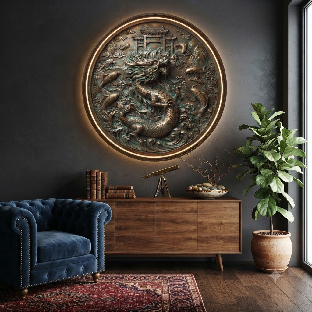 Mythical Dragon and Koi Fish Relief Round Wall Art with LED Backlight led 250
