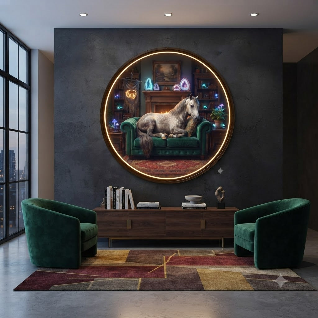 Whimsical Dapple Gray Horse Lying on Green Sofa Circular LED Wall Art led 233