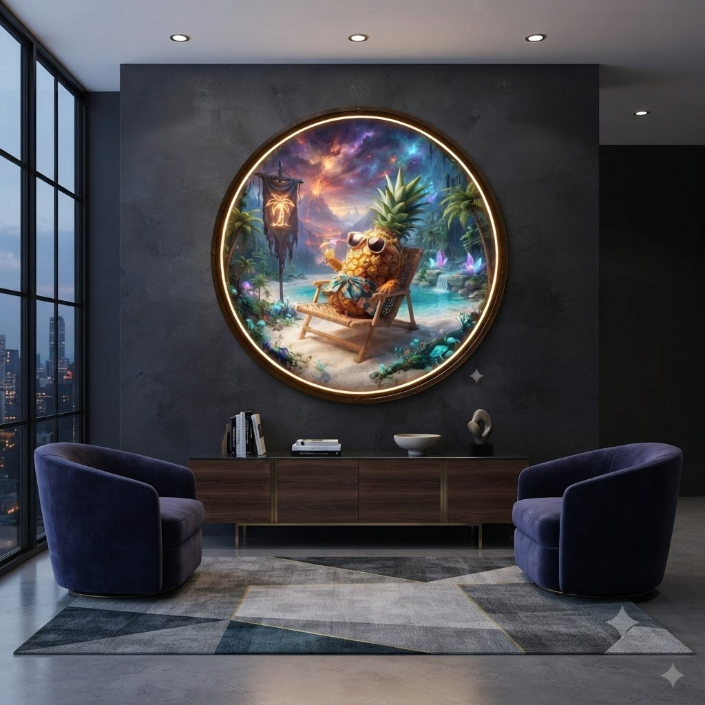 Chill Pineapple Vacation Beach Sunset Circular LED Wall Art led 231