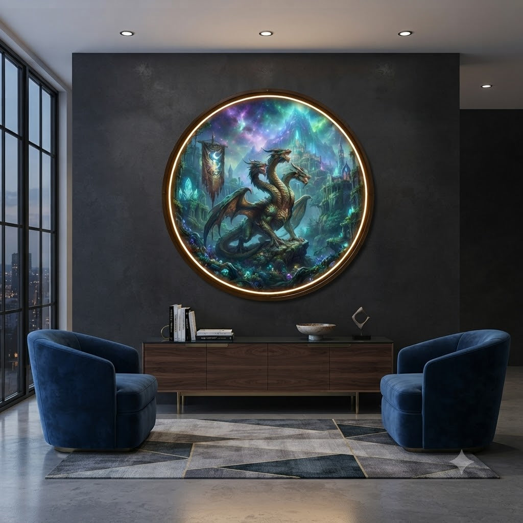 Mystical Three-Headed Dragon Circular LED Wall Art led 226
