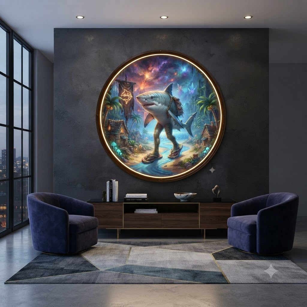 Whimsical Walking Shark in Sandals Circular LED Wall Art led 229