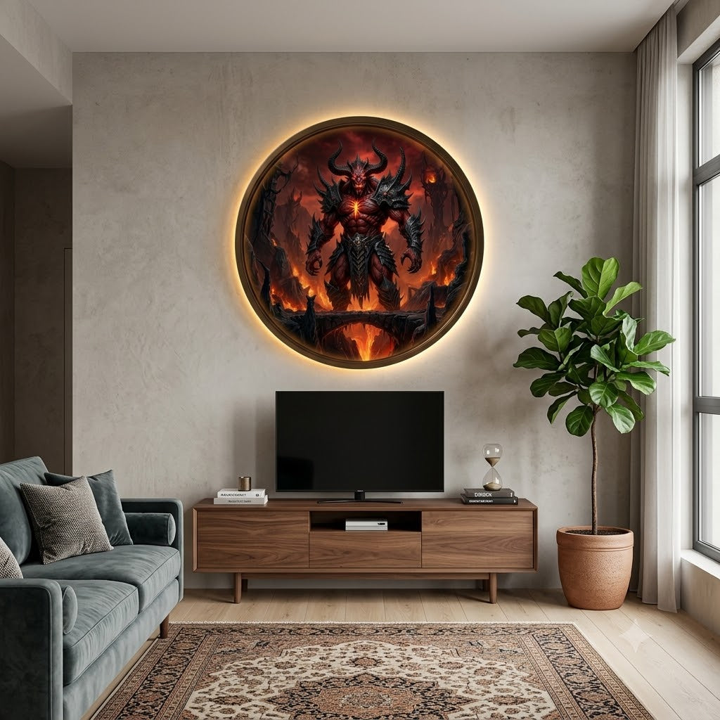 Round LED Illuminated Wall Art - Infernal Demon Warrior in Lava Realm Decor led 265
