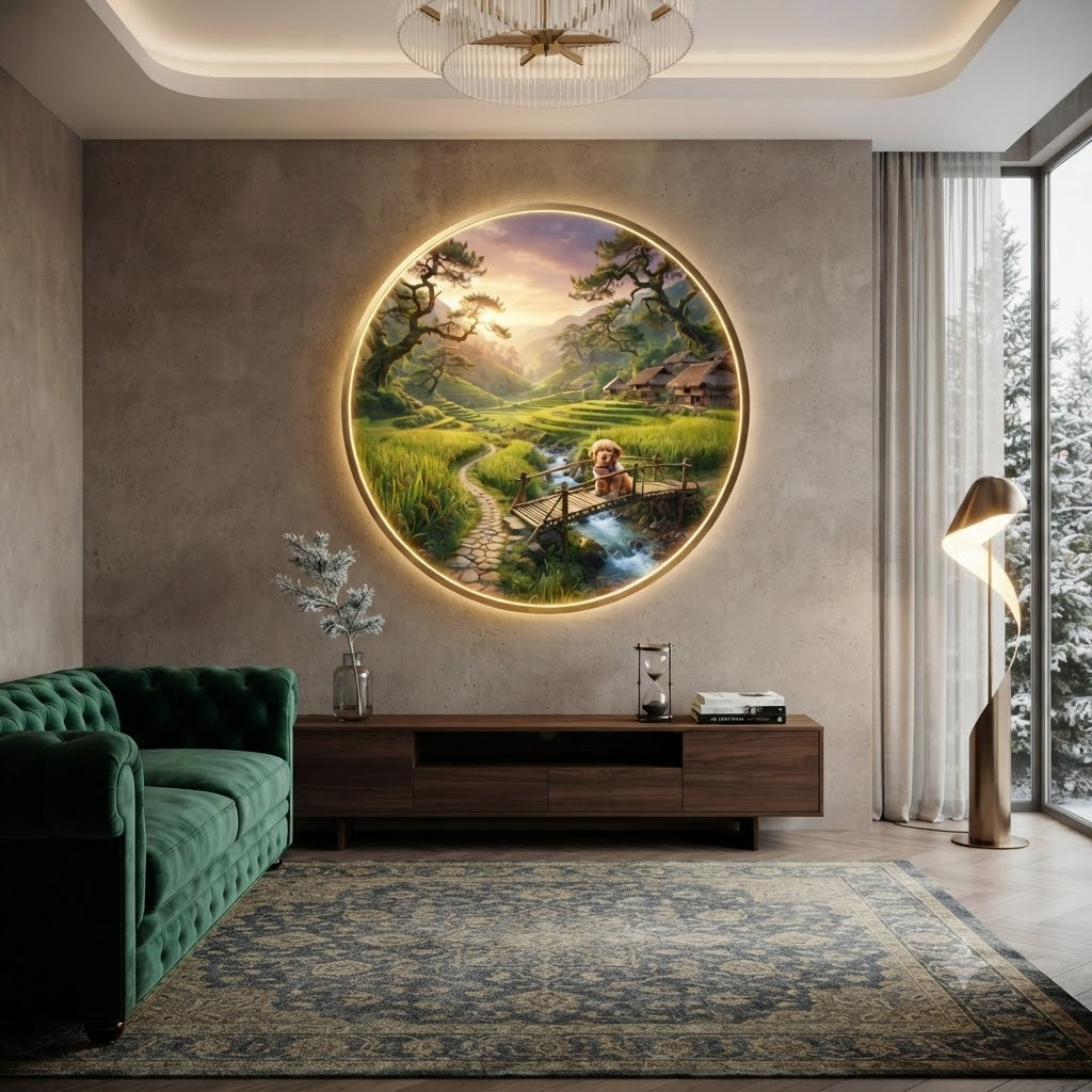 Luminous Round Wall Art - Countryside Terraced Fields & Dog Scene with Warm LED Backlight led 257