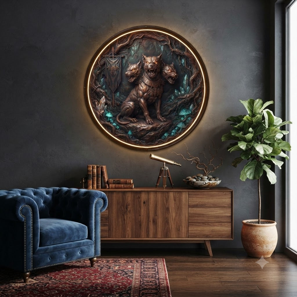 Mythical Three-Headed Cerberus Relief Round Wall Art with LED Backlight led 249