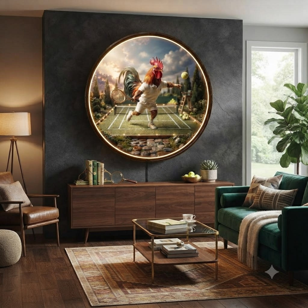 Sporty Tennis Rooster Round LED Backlit Wall Art – Modern Ambient Home & Living Room Decor led 240