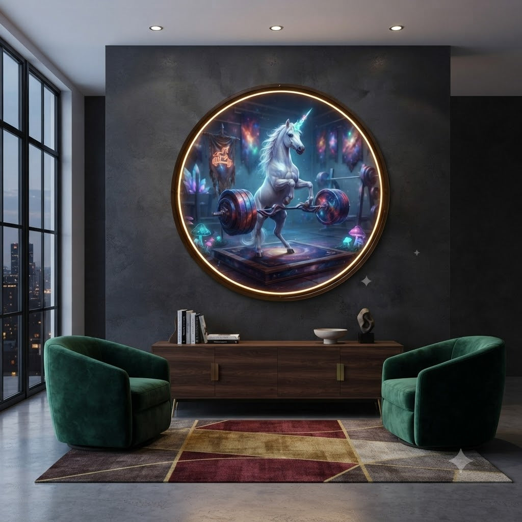 Cosmic Unicorn Gym Wall Art - Modern Round LED Backlit Decor led 236