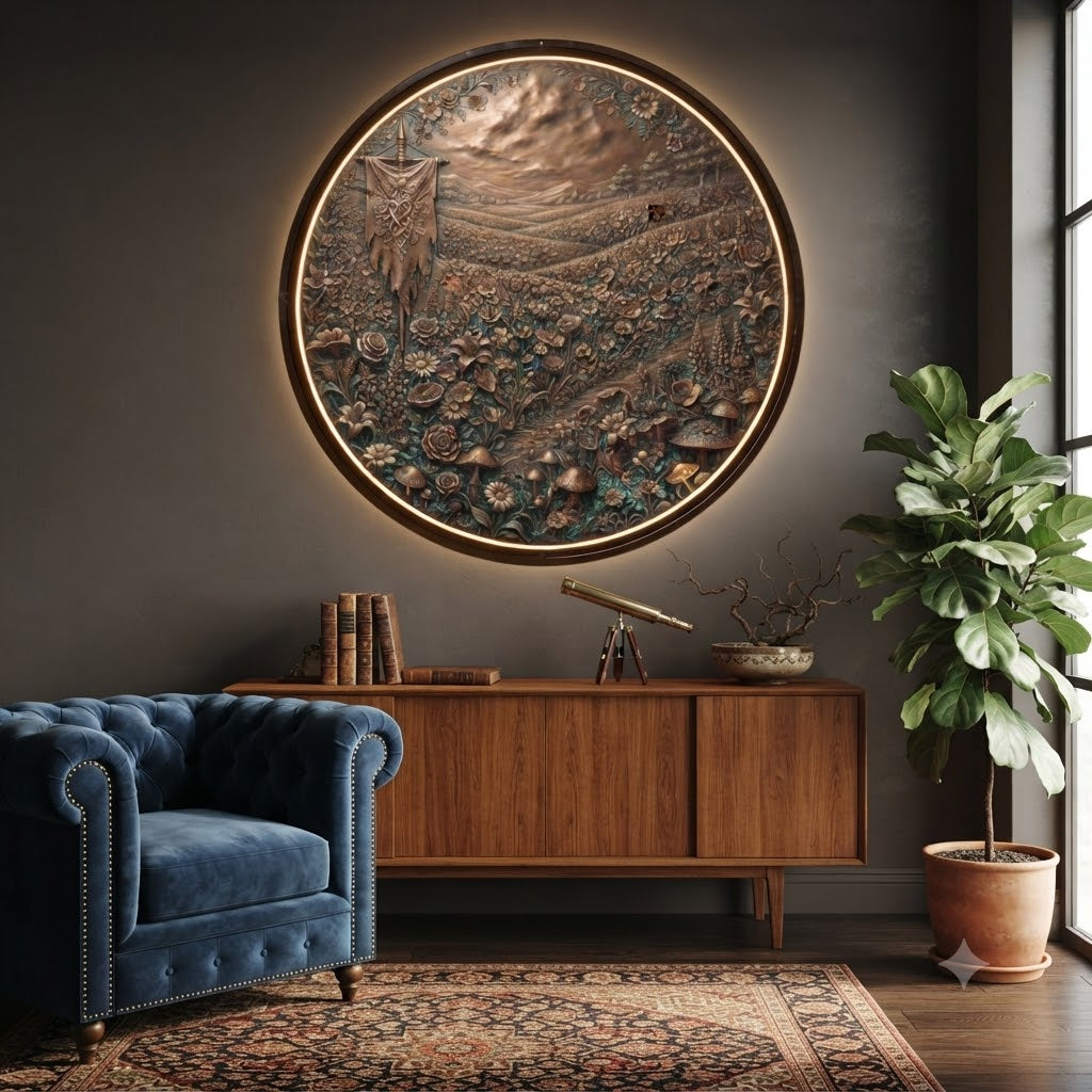 Mythical Floral Landscape and Banner Relief Round Wall Art with LED Backlight led 247
