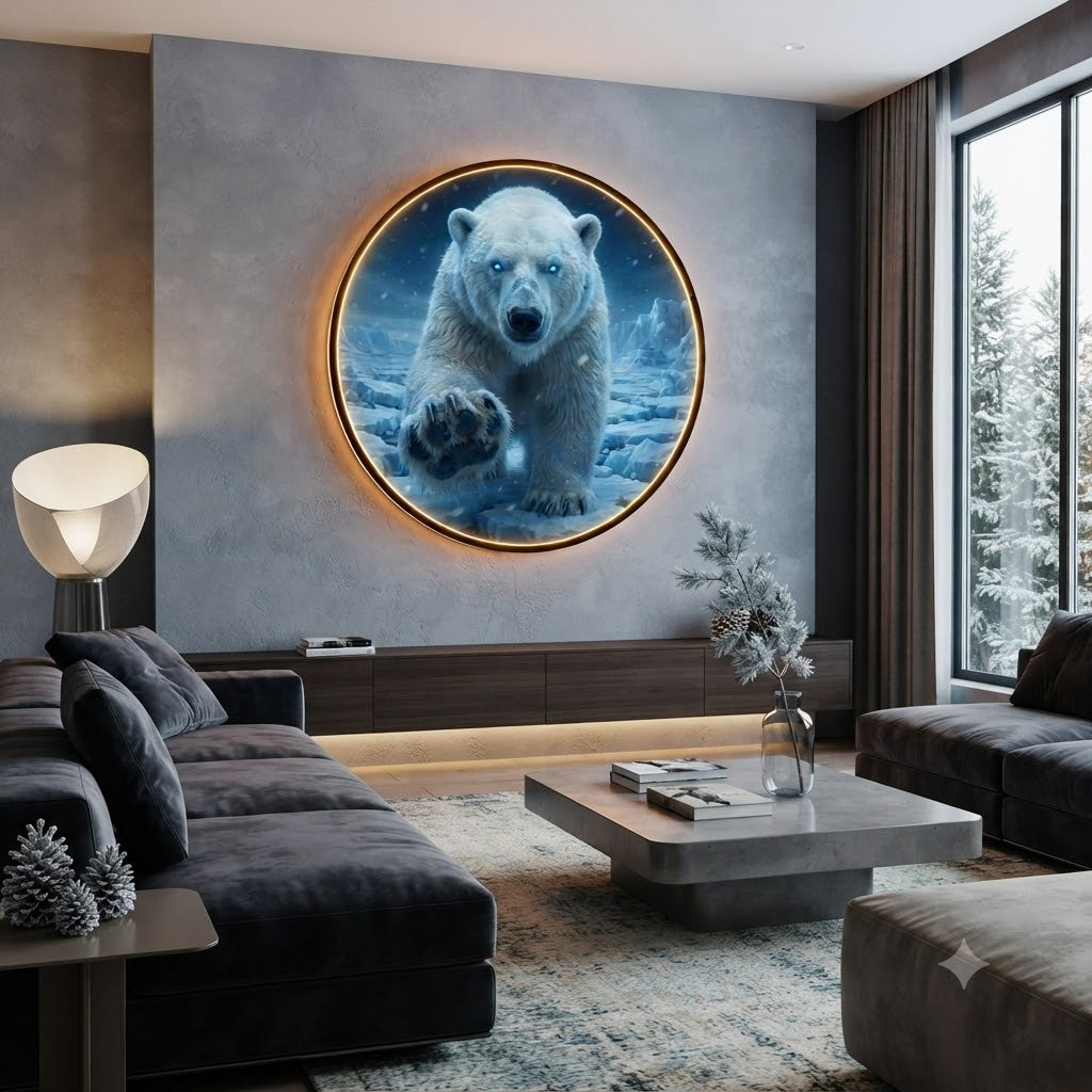Modern Round LED Wall Art - Mystical Polar Bear Design with Warm Ambient Glow led 255