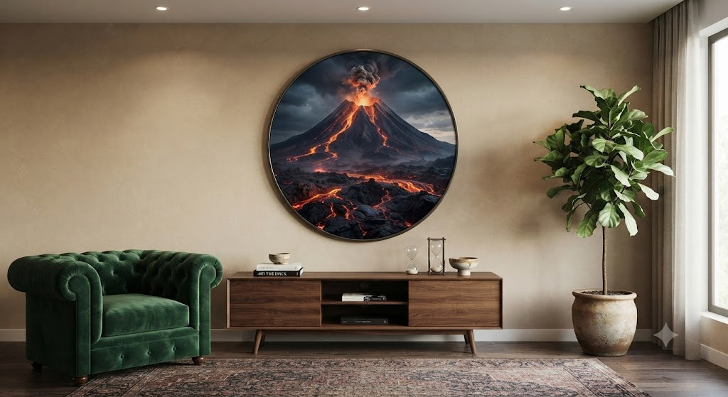 Dramatic Volcanic Eruption Round Wall Art - Glowing Lava Landscape with LED Backlight led 258