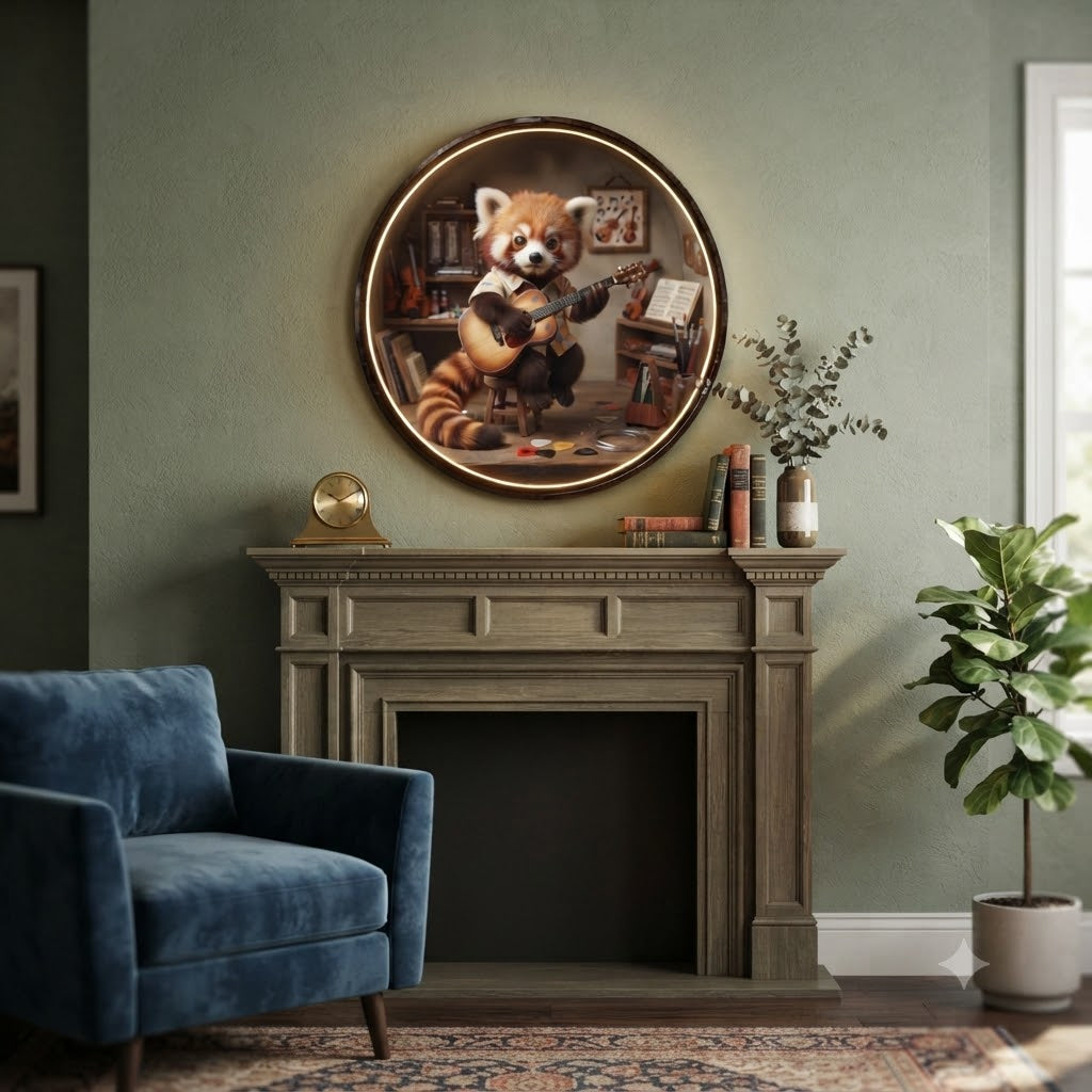 Charming Red Panda Musician Round Wall Art with LED Backlight led 245