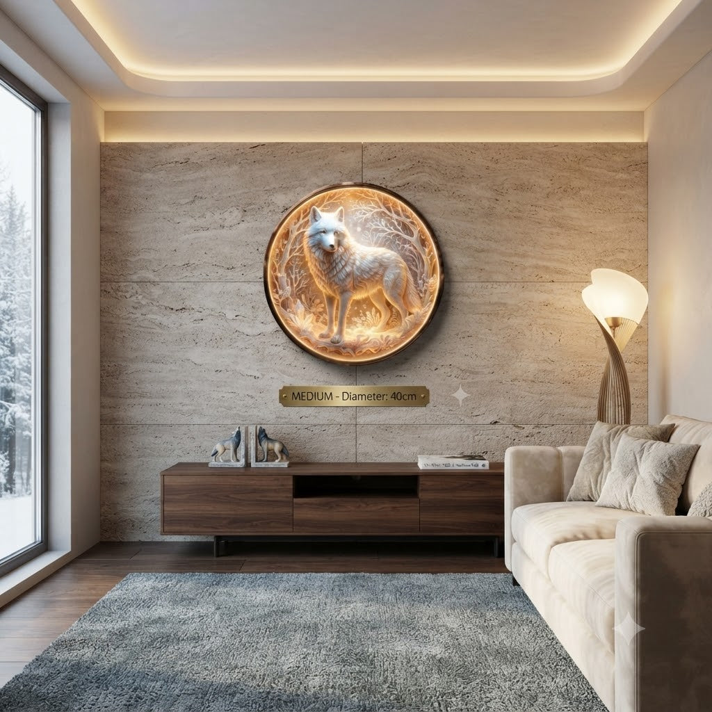 Modern Round LED Wall Art - Mystical White Wolf Design with Warm Ambient Glow led 254