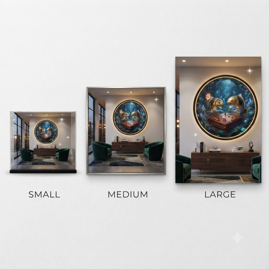 Mystical Koi Fish Playing Chess Magical Underwater Circular LED Wall Art led 235
