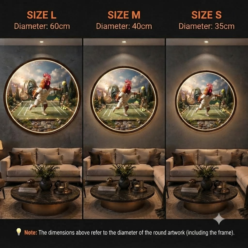 Sporty Tennis Rooster Round LED Backlit Wall Art – Modern Ambient Home & Living Room Decor led 240