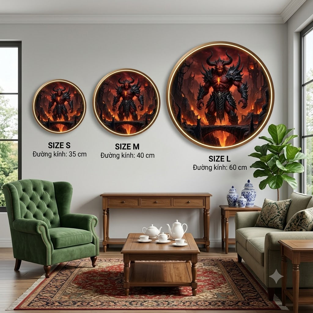 Round LED Illuminated Wall Art - Infernal Demon Warrior in Lava Realm Decor led 265