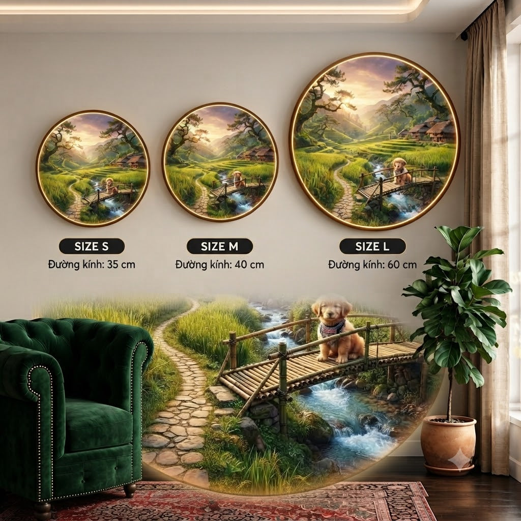 Luminous Round Wall Art - Countryside Terraced Fields & Dog Scene with Warm LED Backlight led 257